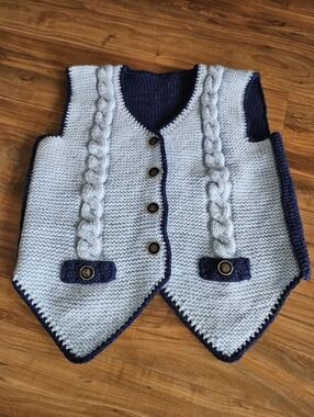 Light Blue Cable Knit Kids Vest with Navy Trim